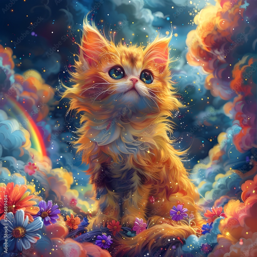 Vibrant Kawaii Flower Cat Dancing on a Rainbow in Colorful Intricate Panoramic