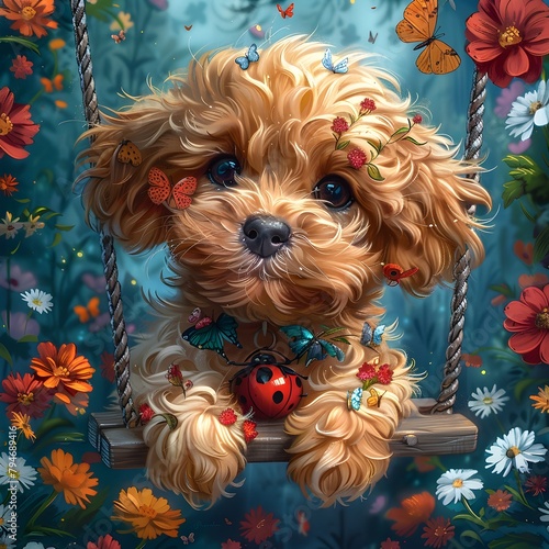 Whimsical Kawaii Flower Dog Swinging with Ladybugs and Butterflies in a Vibrant Floral Garden