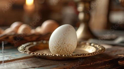 A close-up of a symbolic egg on a Passover plate, representing renewal and the cycle of life in the Second Passover tradition. photo