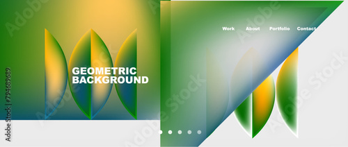 A fluid geometric background featuring liquid green and yellow triangles on a white surface, reminiscent of a terrestrial plant or grass pattern. Closeup details with an electric blue font