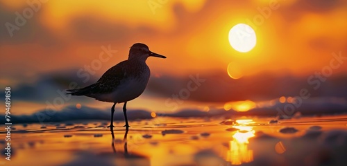Early morning light casting a soft glow on a solitary common sandpiper foraging in shallow water. photo