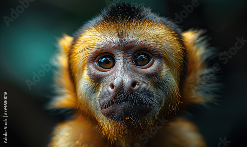 Close-up of a golden monkey's face with captivating eyes amid warm tones. Generate AI © VinaAmeliaGRPHIC