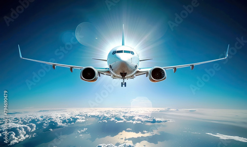 Airplane in Flight Against Clear Blue Sky . Generate AI