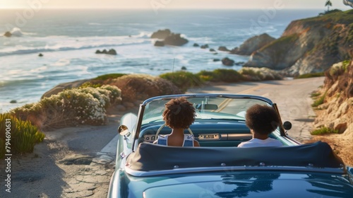 Couple driving in a convertible on a coastal road, enjoying the ocean breeze © Sasint