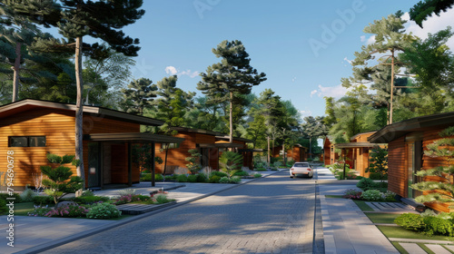 A street with a row of houses and a car parked on the side