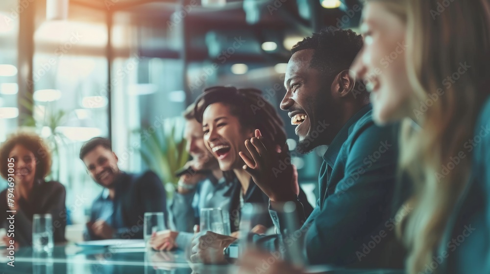 Diverse business team laughing together over a shared idea at a conference table in a modern office Diverse business team laughing together over a shared idea at a conference table in a modern office