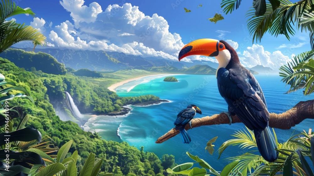Naklejka premium illustration of a beautiful toucan on a branch