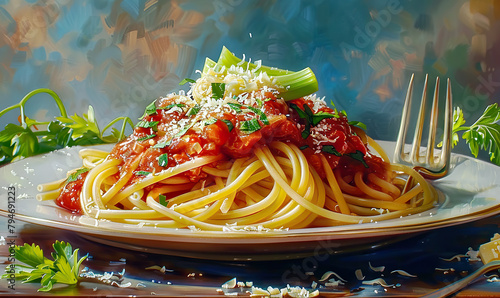 A plate of spaghetti garnished with Parmesan, peas, and parsley on a dark table. . Generate AI