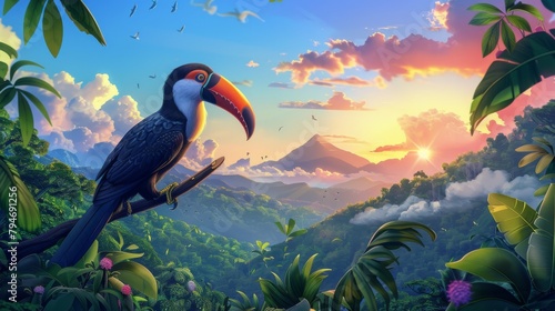 illustration of a beautiful toucan on a branch photo