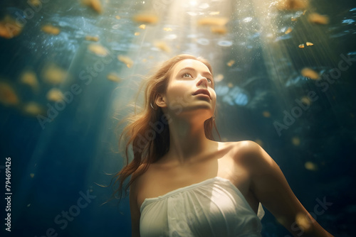 Serene underwater portrait of young woman among sunlit water particles