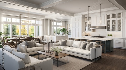 Living Room and Kitchen in New Luxury Home. Features Open Concept Floor Plan