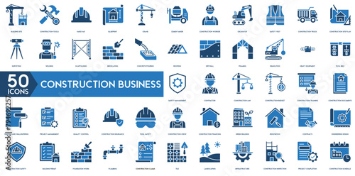 Construction Business icon set. Building, Renovation, Contracts, Construction Safety , Building Permit, Foundation Work and Plumbing