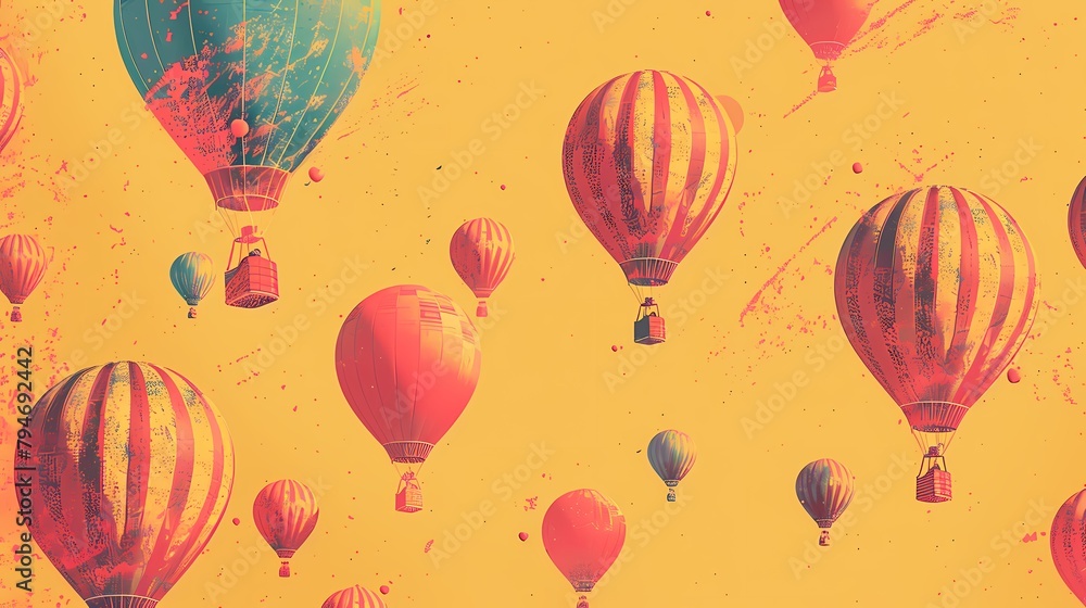 Many hot air balloons around landscape abstract art poster background