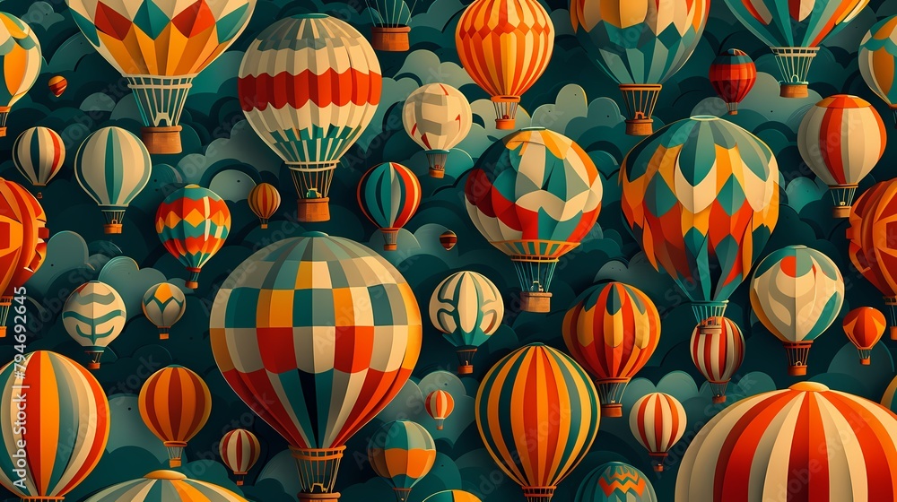 Many hot air balloons around landscape abstract art poster background Many hot air balloons around landscape abstract art poster background