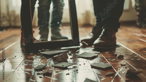 A broken family picture frame on the floor, symbolizing domestic discord photo