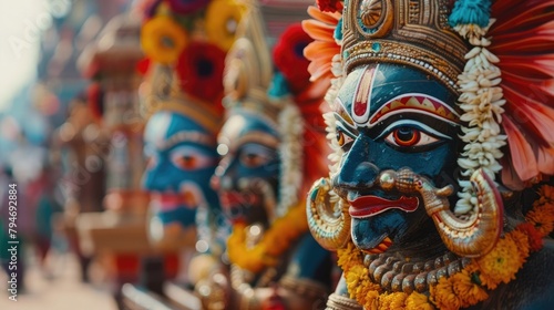 A close-up of the sacred idols on the chariots, symbolizing the divine presence and blessings during the Jagannath Rath Yatra. photo