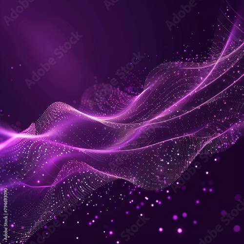 Digital purple particles wave and light abstract background with shining dots stars 