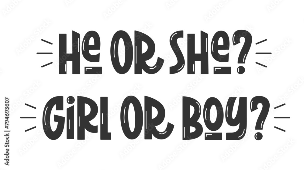 He or She, Girl or Boy Gender Reveal Party Quotes. Vector Hand Lettering of Pregnancy Baby Phrases.