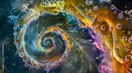 Against a backdrop of vibrant colors microscopic plankton form a mesmerizing spiral shape almost like a galaxy in the depths of the