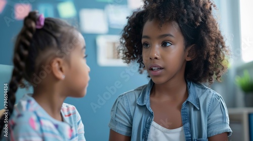 A child's school counselor discussing quietly with a concerned teacher, focusing on the child's well-being photo