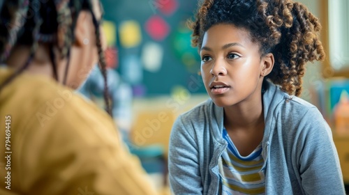 A child's school counselor discussing quietly with a concerned teacher, focusing on the child's well-being photo