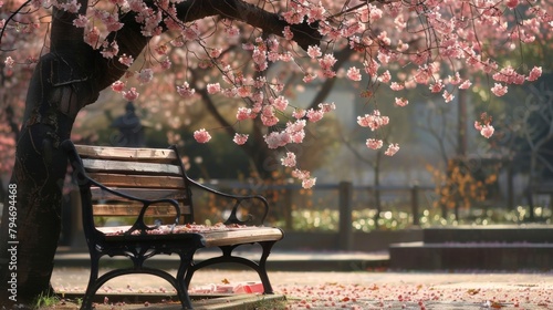 A lone bench under a cherry blossom tree offers the perfect spot to witness the stillness of the morning and the beauty of the monastery in perfect harmony. 2d flat cartoon.