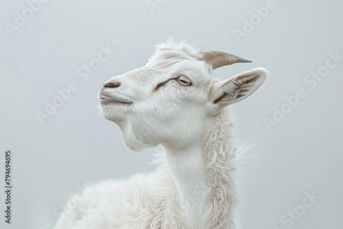 A white goat gazing into the distance