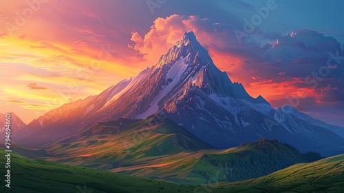 Sunset Embrace on Jagged Peaks and Verdant Hills