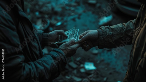 A close-up of hands exchanging stolen goods and money in a dark, secluded area photo