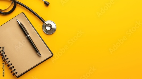 Stethoscope, notebook and pen on color background  ,Generative ai,  photo