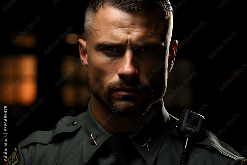 semi wide shot up of a handsome american sergeant sharp haircut, warm friendly face, clean, looking into the camera, strength, masculinity, pride - obrazy, fototapety, plakaty 