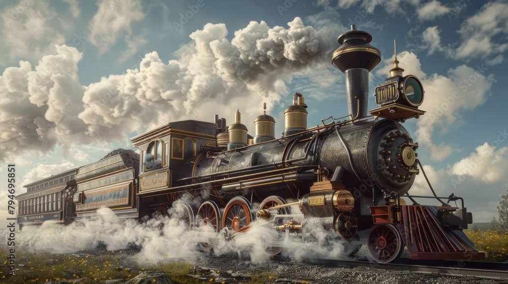 Obraz premium Retro steam train locomotive of the early 19th century, steam locomotive in 1802.