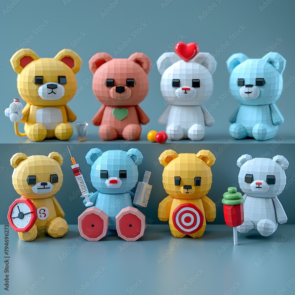 Vibrant 3D Medical Icons in Playful Low Poly Style with Pediatrics Symbols Vibrant 3D Medical Icons in Playful Low Poly Style with Pediatrics Symbols