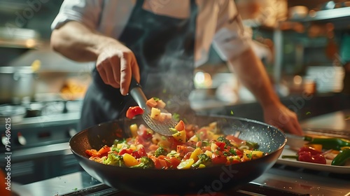 Caucasian male chef frying cut vegetables in pan in restaurant kitchen, copy space