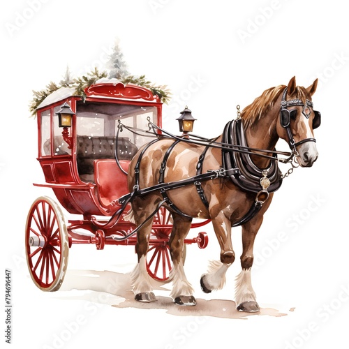 Horse drawn carriage with Christmas tree. Watercolor illustration isolated on white background © hungryai