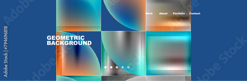 A fluid geometric background featuring rectangles and circles in shades of azure on a blue backdrop. The art resembles a liquid drinkware design