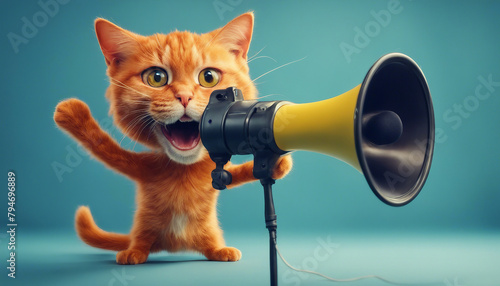 Funny Cat with Loudspeaker: Quirky Pet on Blue Background