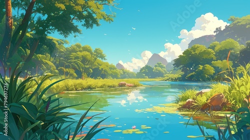 Illustration featuring a scenic river landscape teeming with lush greenery including reeds and grass set against a serene natural backdrop photo