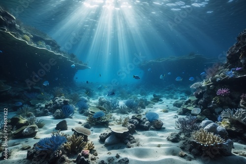 Beautiful seabed background with sunbeams lighting corals  and azure water of deep sea. Mystical blue scene.