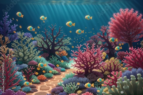 Cartoon-like colorful scene of coral reef with school of fish and red corals. Sun rays create mystical light.