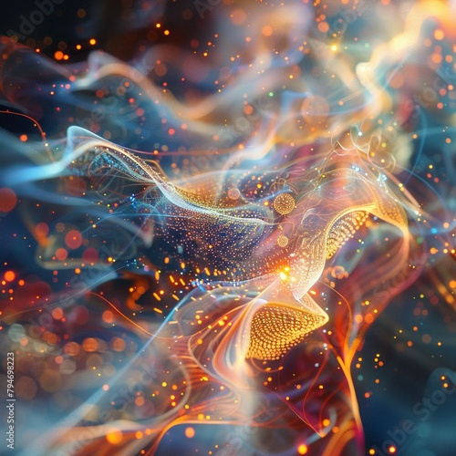 Abstract quantum realm, particles and waves in vibrant motion photo
