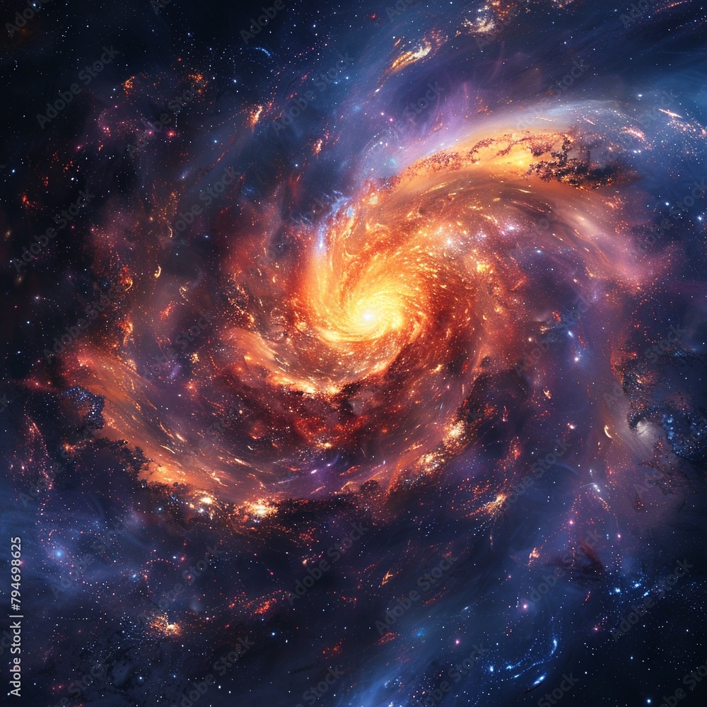 Fiery galaxy spiral, stars and nebulae in a dance of cosmic flames Fiery galaxy spiral, stars and nebulae in a dance of cosmic flames