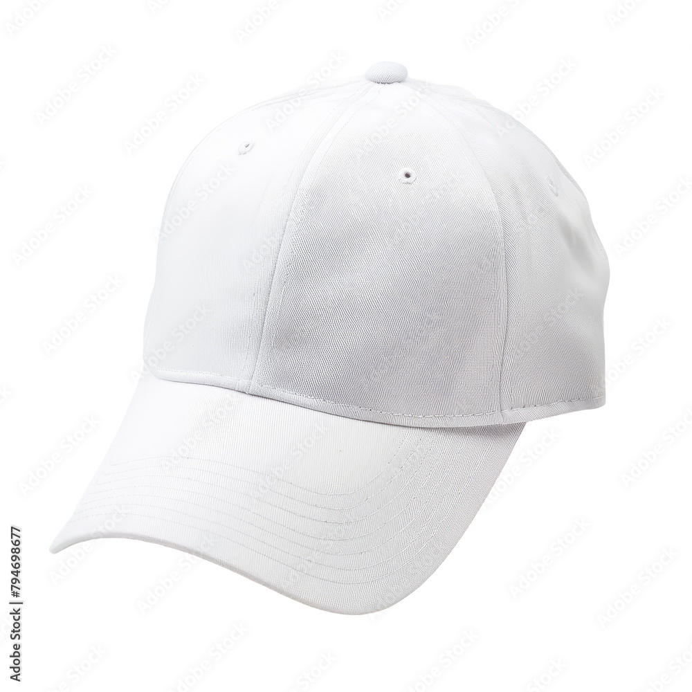An immaculate white baseball cap set against a transparent background An immaculate white baseball cap set against a transparent background