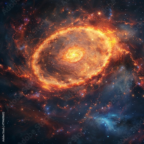 Fiery galaxy spiral, stars and nebulae in a dance of cosmic flames