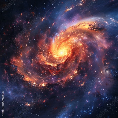 Fiery galaxy spiral, stars and nebulae in a dance of cosmic flames