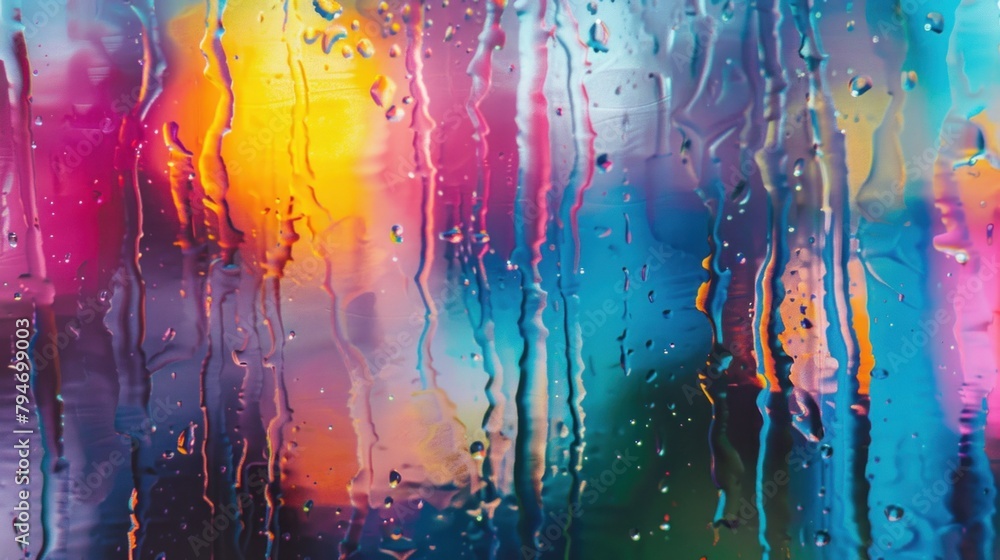 Raindrops on a glass surface with multicolored reflections behind.