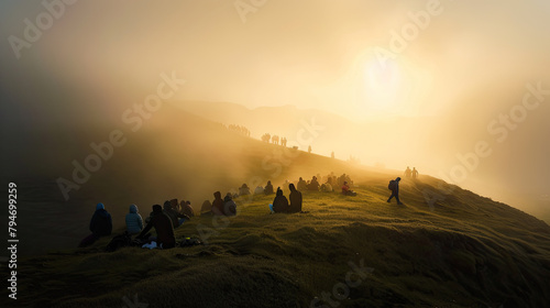 sunset rises, icelandic volcano, in the mist, the tourist crowd rejoiced at the brisk pace, some people sit on the grassy slopes and rest, authentic photography style , stock photographic style