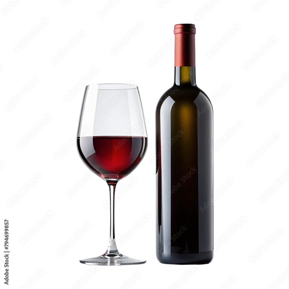 Red wine bottle and glass isolated on white background, perfect for showcasing a celebratory drink Red wine bottle and glass isolated on white background, perfect for showcasing a celebratory drink