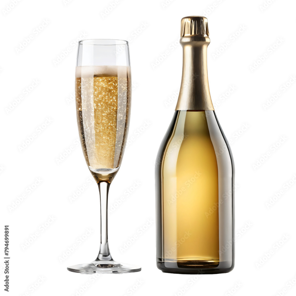 Champagne Bottle and Glasses on White Background