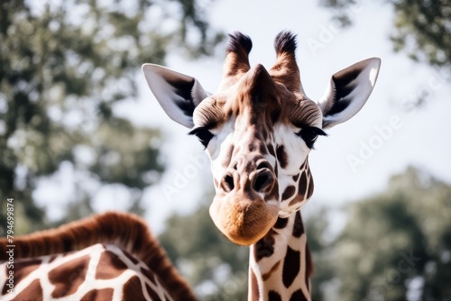 'upside look white head long giraffe fun cool isolated on funny down neck hang up high horned wild wildlife mammal animal standing brown african nature tall face zoo cute safari africa portrait big' photo